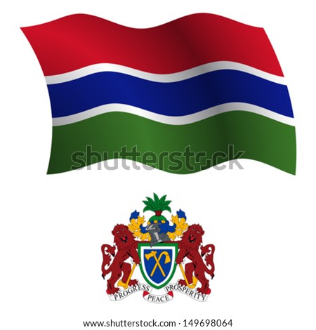 gambia wavy flag and coat of arms against white background, vector art illustration, image contains transparency