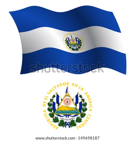 el salvador wavy flag and coat of arms against white background, vector art illustration, image contains transparency