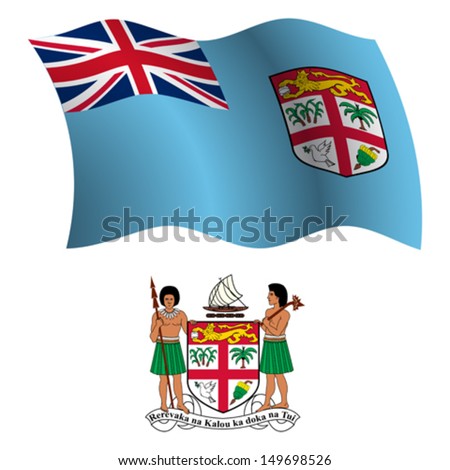 fiji wavy flag and coat of arms against white background, vector art illustration, image contains transparency