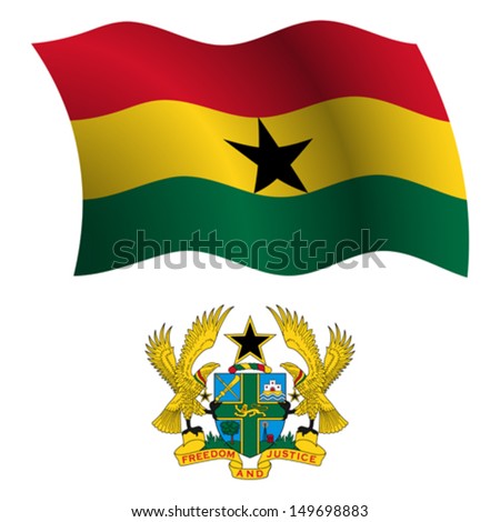 ghana wavy flag and coat of arms against white background, vector art illustration, image contains transparency