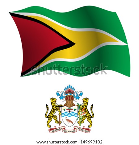 guyana wavy flag and coat of arms against white background, vector art illustration, image contains transparency
