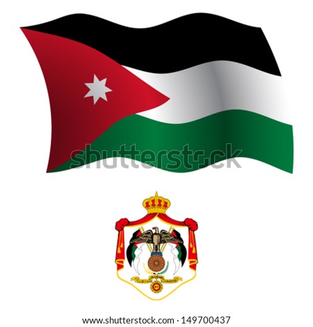 jordan wavy flag and coat of arms against white background, vector art illustration, image contains transparency