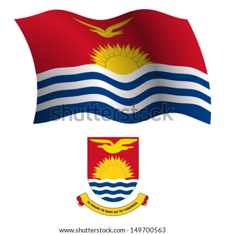 kiribati wavy flag and coat of arm against white background, vector art illustration, image contains transparency