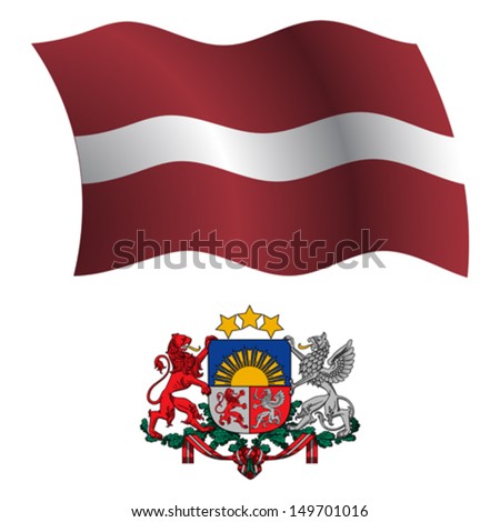 latvia wavy flag and coat of arm against white background, vector art illustration, image contains transparency