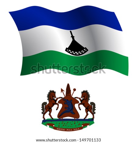 lesotho wavy flag and coat of arm against white background, vector art illustration, image contains transparency