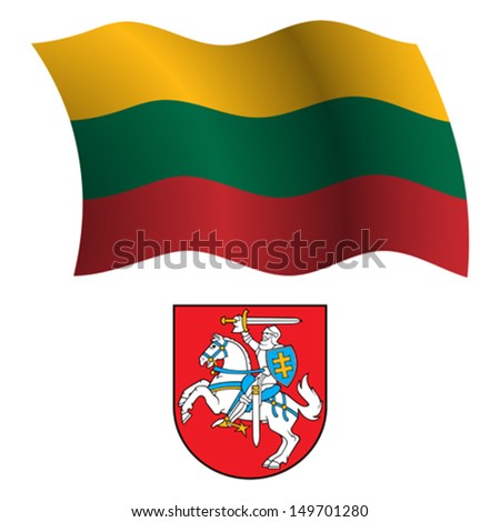 lithuania wavy flag and coat of arm against white background, vector art illustration, image contains transparency