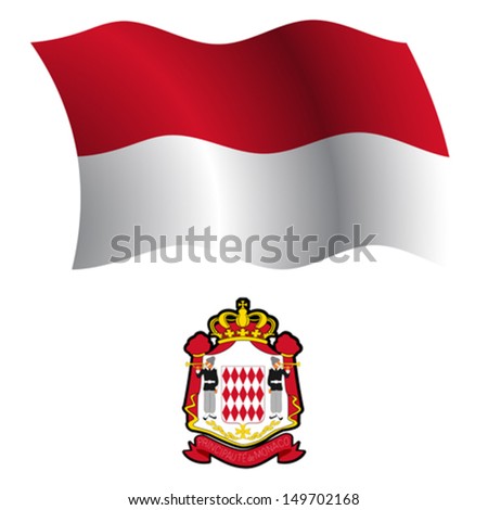 monaco wavy flag and coat of arm against white background, vector art illustration, image contains transparency