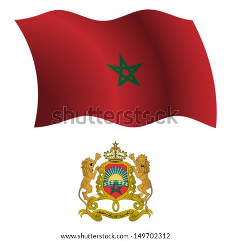 morocco wavy flag and coat of arm against white background, vector art illustration, image contains transparency