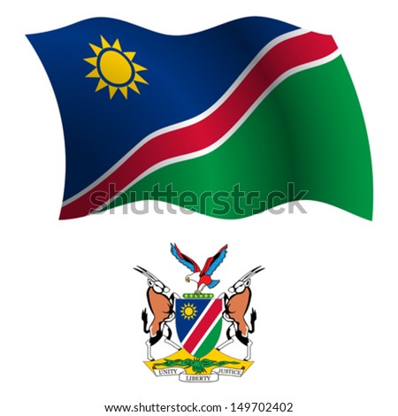 namibia wavy flag and coat of arm against white background, vector art illustration, image contains transparency