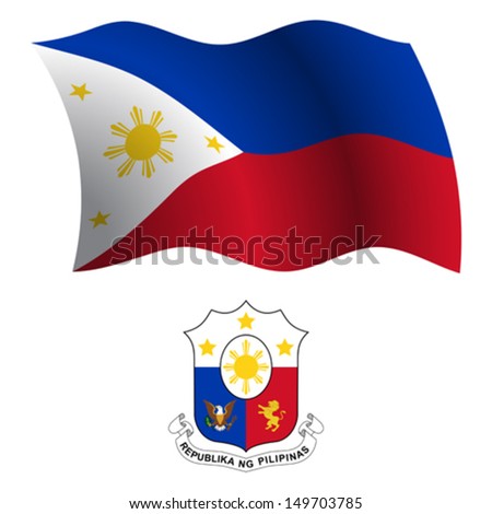 philippines wavy flag and coat of arm against white background, vector art illustration, image contains transparency