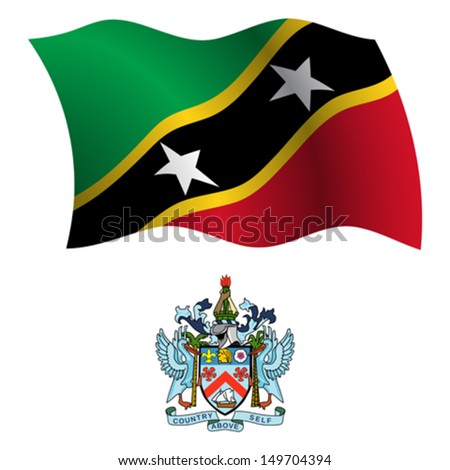 saint kitts and nevis wavy flag and coat of arm against white background, vector art illustration, image contains transparency