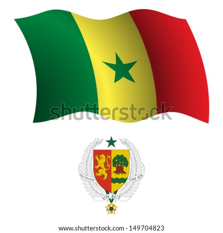 senegal wavy flag and coat of arm against white background, vector art illustration, image contains transparency