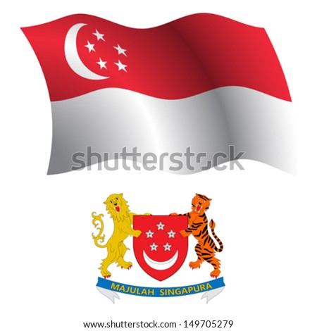 singapore wavy flag and coat of arm against white background, vector art illustration, image contains transparency