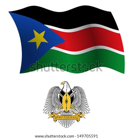 south sudan wavy flag and coat of arm against white background, vector art illustration, image contains transparency