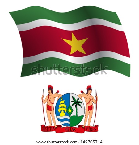 suriname wavy flag and coat of arm against white background, vector art illustration, image contains transparency