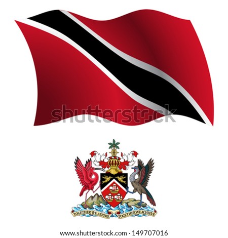 trinidad and tobago wavy flag and coat of arm against white background, vector art illustration, image contains transparency