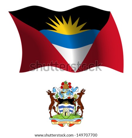 antigua and barbuda wavy flag and coat of arms against white background, vector art illustration, image contains transparency