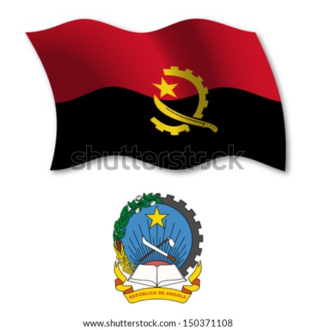 angola shadowed textured wavy flag and coat of arms against white background, vector art illustration, image contains transparency