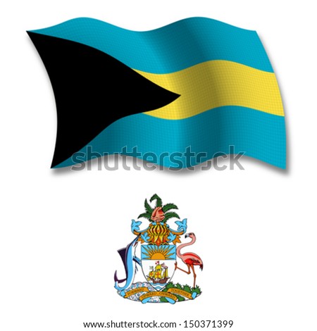 bahamas shadowed textured wavy flag and coat of arms against white background, vector art illustration, image contains transparency transparency