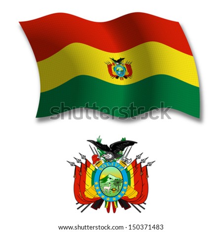 bolivia shadowed textured wavy flag and coat of arms against white background, vector art illustration, image contains transparency transparency