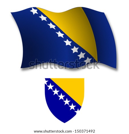 bosnia and herzegovina shadowed textured wavy flag and coat of arms against white background, vector art illustration, image contains transparency transparency