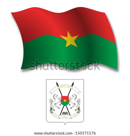 burkina faso textured wavy flag and coat of arms against white background, vector art illustration, image contains transparency transparency