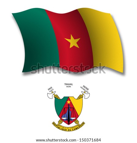 cameroon shadowed textured wavy flag and coat of arms against white background, vector art illustration, image contains transparency transparency