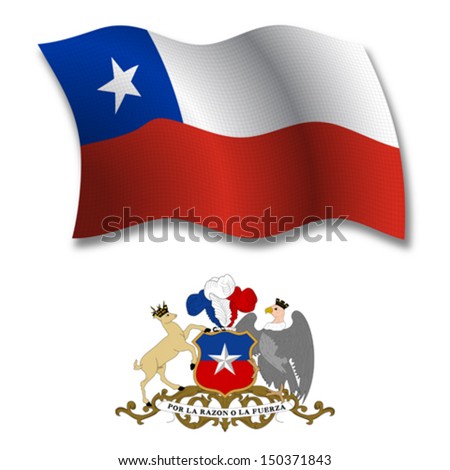 chile shadowed textured wavy flag and coat of arms against white background, vector art illustration, image contains transparency transparency