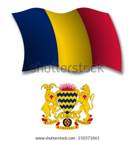 chad shadowed textured wavy flag and coat of arms against white background, vector art illustration, image contains transparency transparency