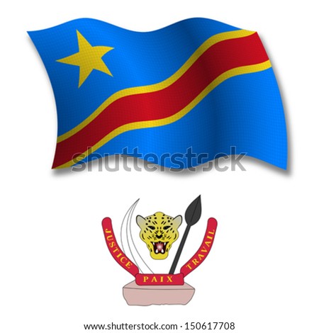 democratic republic of the congo shadowed textured wavy flag and coat of arms against white background, vector art illustration, image contains transparency transparency