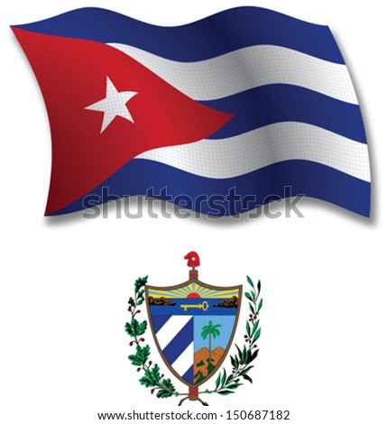 cuba shadowed textured wavy flag and coat of arms against white background, vector art illustration, image contains transparency transparency