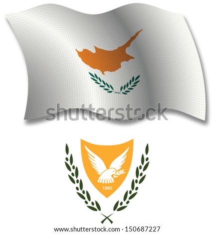 cyprus shadowed textured wavy flag and coat of arms against white background, vector art illustration, image contains transparency transparency