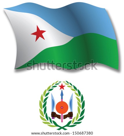 djibouti shadowed textured wavy flag and coat of arms against white background, vector art illustration, image contains transparency transparency