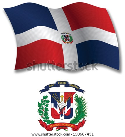dominican republic shadowed textured wavy flag and coat of arms against white background, vector art illustration, image contains transparency transparency