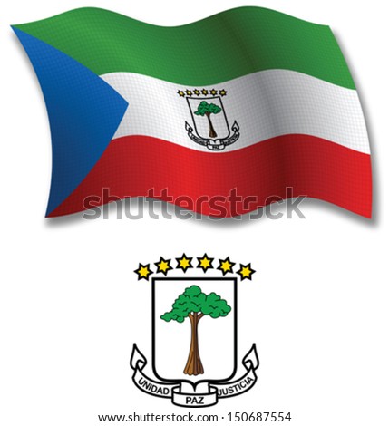 equatorial guinea shadowed textured wavy flag and coat of arms against white background, vector art illustration, image contains transparency transparency