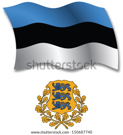 estonia shadowed textured wavy flag and coat of arms against white background, vector art illustration, image contains transparency transparency