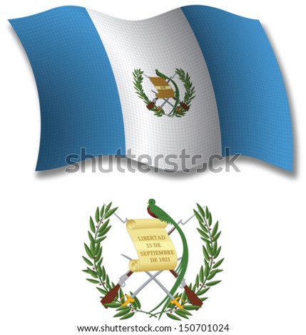 guatemala shadowed textured wavy flag and coat of arms against white background, vector art illustration, image contains transparency transparency