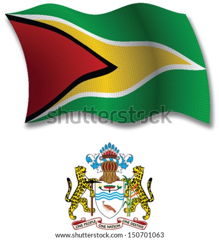 guyana shadowed textured wavy flag and coat of arms against white background, vector art illustration, image contains transparency transparency