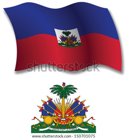 haiti shadowed textured wavy flag and coat of arms against white background, vector art illustration, image contains transparency transparency