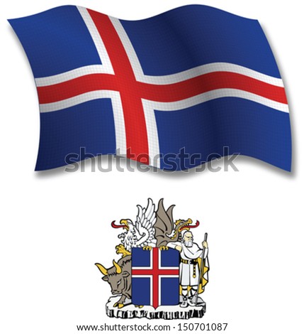 iceland shadowed textured wavy flag and coat of arms against white background, vector art illustration, image contains transparency transparency