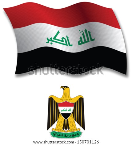 iraq shadowed textured wavy flag and coat of arms against white background, vector art illustration, image contains transparency transparency