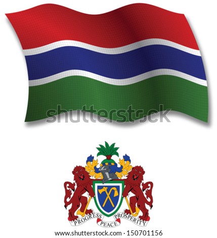 gambia shadowed textured wavy flag and coat of arms against white background, vector art illustration, image contains transparency transparency