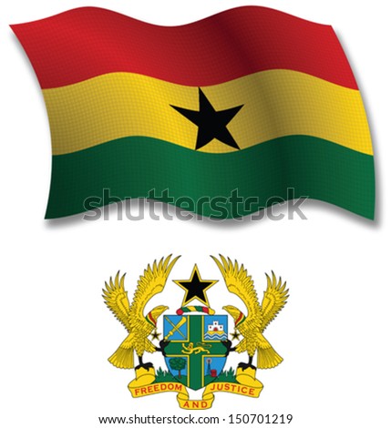 ghana shadowed textured wavy flag and coat of arms against white background, vector art illustration, image contains transparency transparency