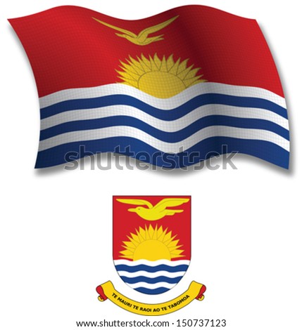 kiribati shadowed textured wavy flag and coat of arms against white background, vector art illustration, image contains transparency transparency