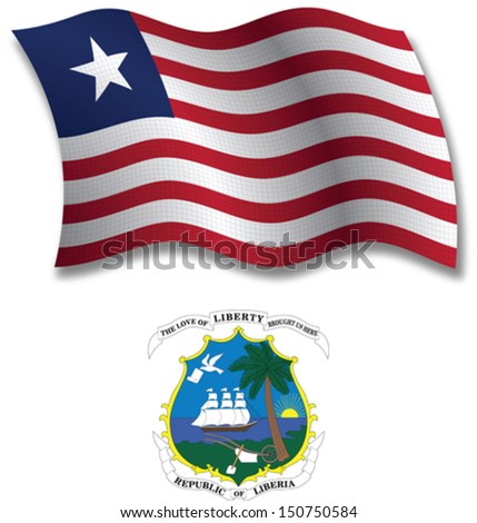 liberia shadowed textured wavy flag and coat of arms against white background, vector art illustration, image contains transparency transparency