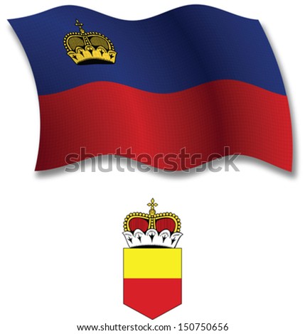 liechtenstein shadowed textured wavy flag and coat of arms against white background, vector art illustration, image contains transparency transparency