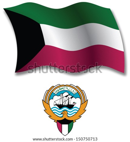 kuwait shadowed textured wavy flag and coat of arms against white background, vector art illustration, image contains transparency transparency