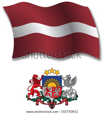 latvia shadowed textured wavy flag and coat of arms against white background, vector art illustration, image contains transparency transparency