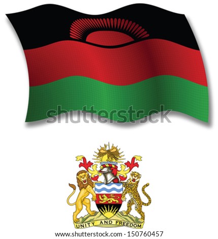 malawi shadowed textured wavy flag and coat of arms against white background, vector art illustration, image contains transparency transparency