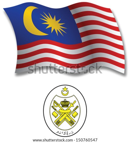 malaysia shadowed textured wavy flag and coat of arms against white background, vector art illustration, image contains transparency transparency